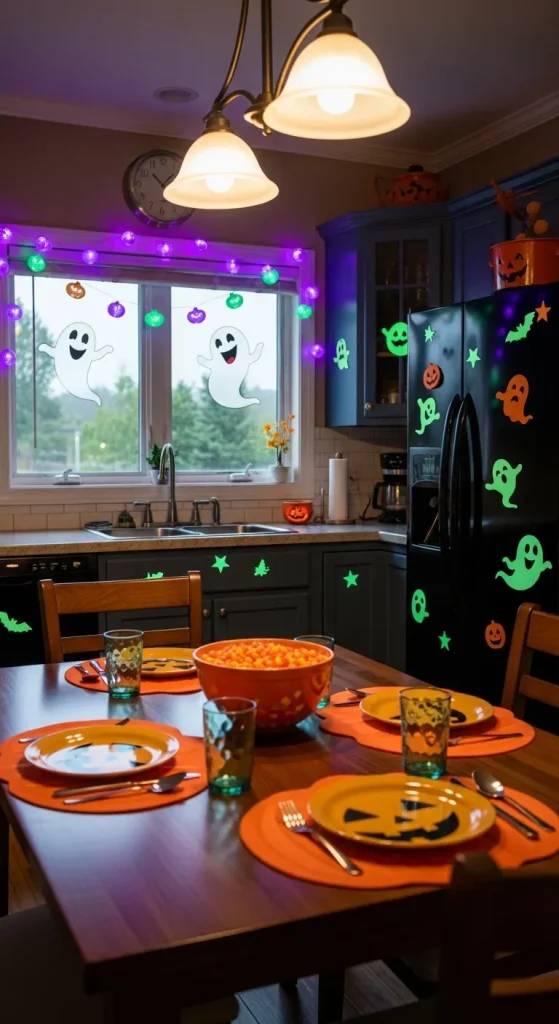 Kid-friendly Halloween kitchen with ghost decorations and pumpkin-themed accessories.