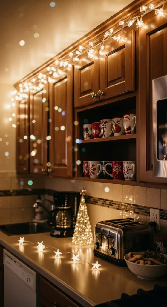 Christmas kitchen with lighted garlands and cozy holiday glow.