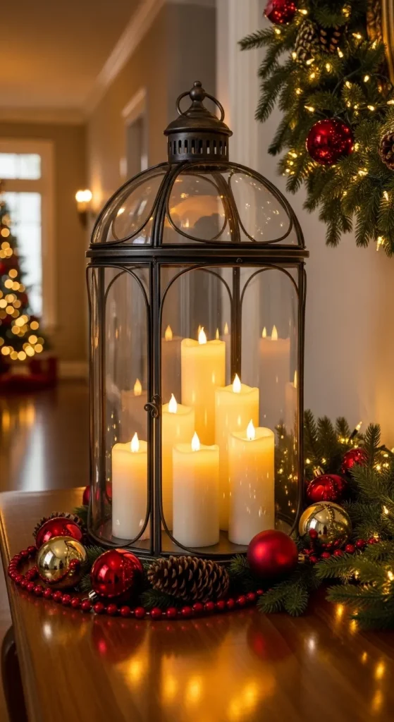 Lantern filled with LED pillar candles creating warm, layered Christmas light