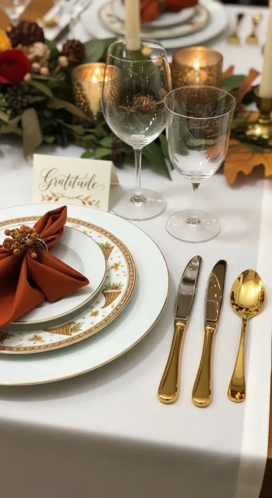 Layered Thanksgiving place setting with gold accents and elegant neutral colors.”