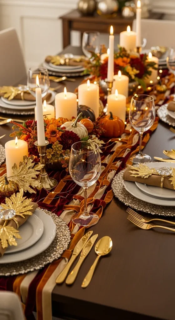 10 Creative Thanksgiving Table Runner Ideas to Make Your Feast Sparkle! 6 Layers of Ribbon & Twinkling Lights (Luxe Gold Glow!)