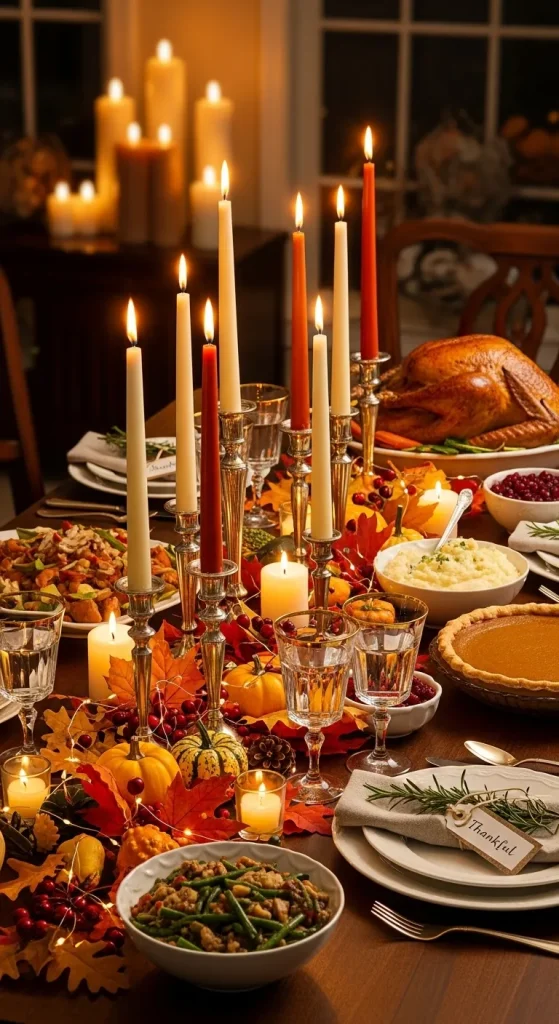 Cozy Thanksgiving table with glowing candles of varied heights for a warm elegant ambiance.”