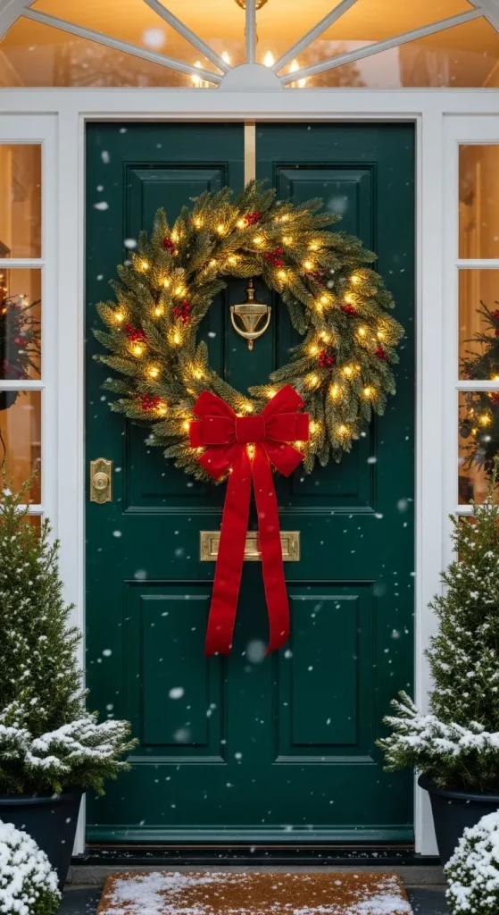 Christmas wreath with twinkling lights and ribbon on festive front door.