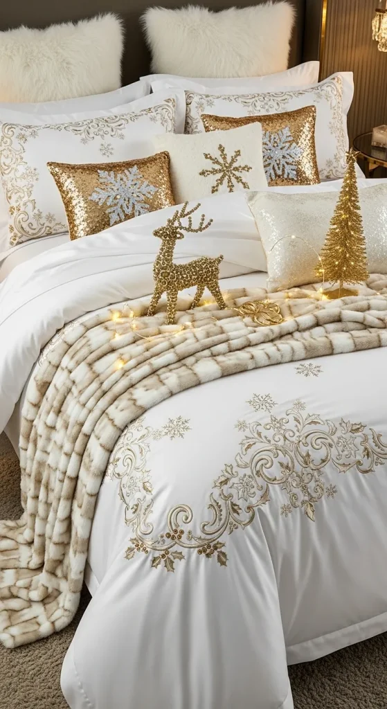 White and gold luxury Christmas bedding for couples in a glamorous bedroom