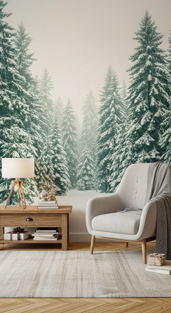 Winter forest Christmas wallpaper with snow-covered trees and woodland animals, creating a calm, magical holiday atmosphere.”