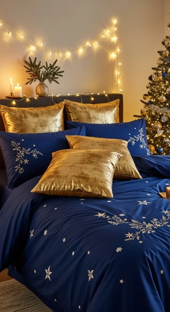 Midnight blue Christmas bedding with gold details and cozy festive lighting.