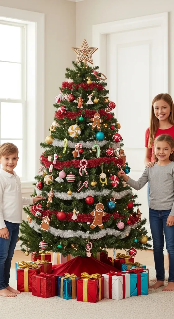 Fun Christmas tree for kids decorated with candy ornaments and bright colors for a joyful 2025 holiday theme.