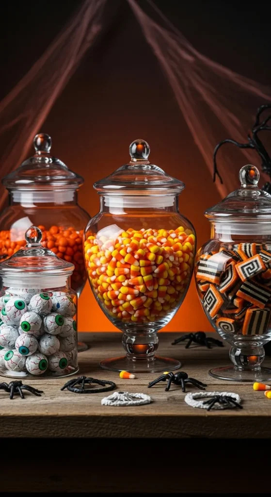 Mini Halloween candy station with colorful candies in glass jars on a kitchen counter.