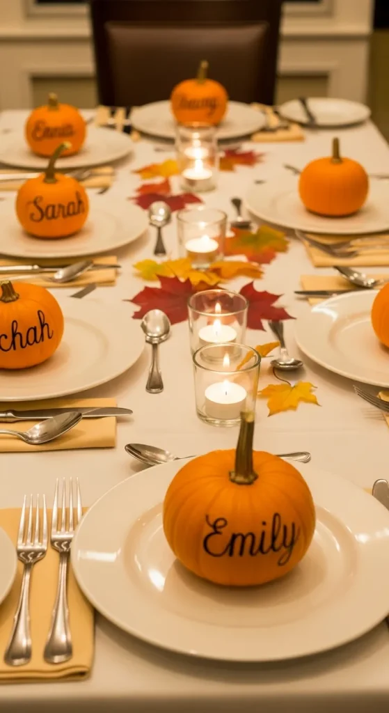 Mini pumpkins with guest names written in paint marker used as creative Thanksgiving table place cards.