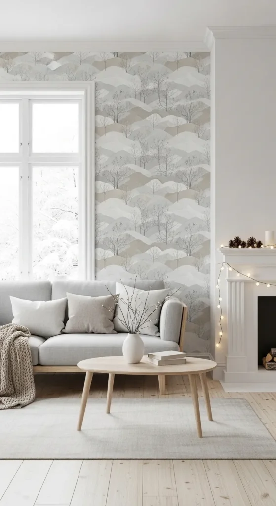 Minimalist Christmas wallpaper with light gray and white snowy hills and trees, perfect for calm, elegant holiday décor