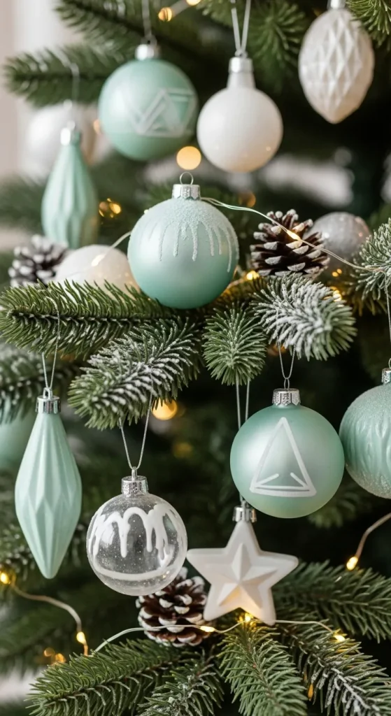 Modern minimalist Christmas tree decorations in mint green and snowy white, reflecting the 2025 Scandinavian style.