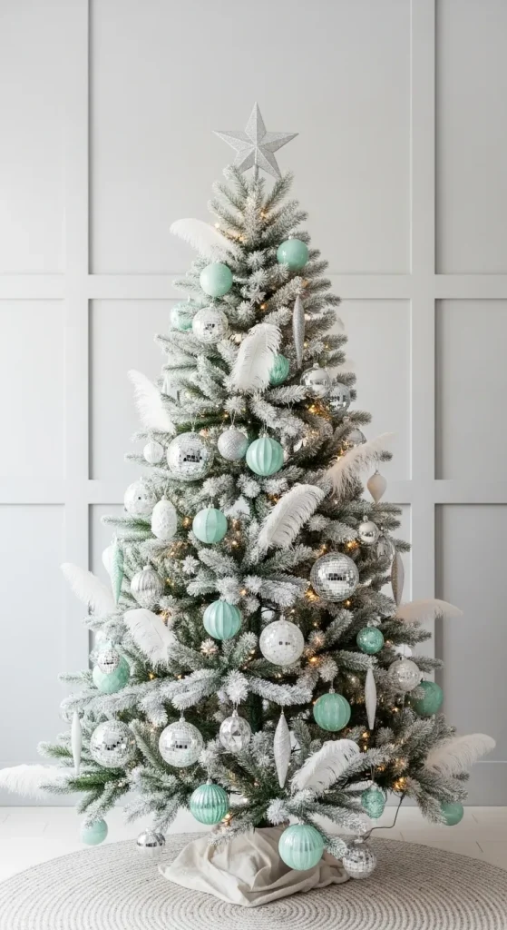 Frosted minimalist Christmas tree with mint green and silver decorations for a Scandinavian-style 2025 holiday look.