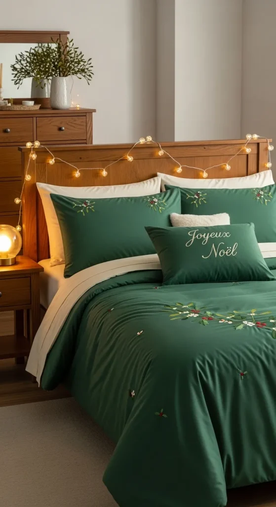 Green mistletoe-inspired Christmas bedding set for couples in a cozy cabin-style room.”