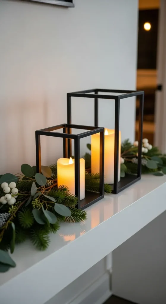 Modern matte black Christmas lanterns glowing on a white console table