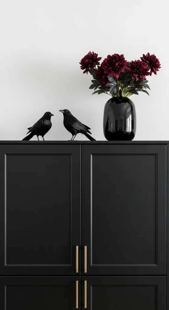 Modern minimalist kitchen with chic Halloween decor.