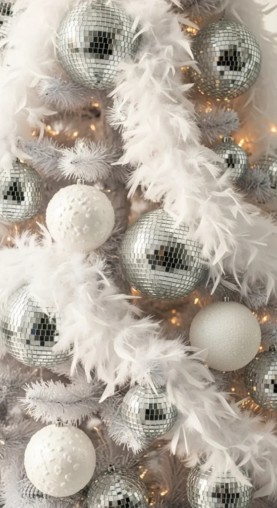 Monochromatic winter wonderland Christmas tree decorations featuring a white feather boa and layered silver ornaments.