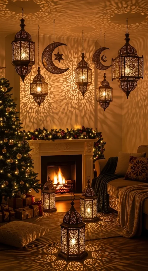 Moroccan star-cutout Christmas lanterns casting glowing star patterns on walls