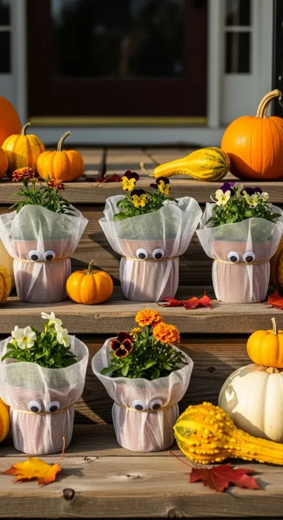 Cute mummy flower pots made with gauze and googly eyes for simple outdoor Halloween decorations