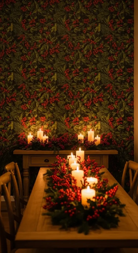 Christmas wallpaper with berry branches and green leaves, bringing natural winter beauty and warmth indoors
