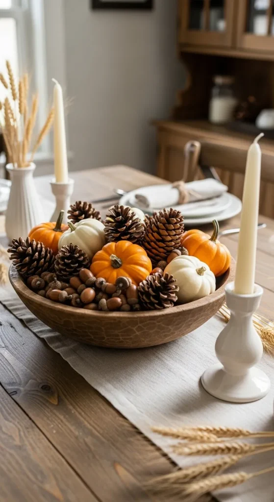 Decorative bowl filled with pinecones, leaves, and mini pumpkins serving as a natural Thanksgiving table centerpiece.