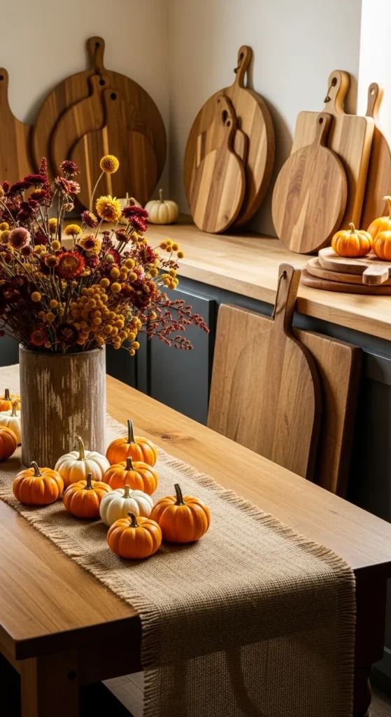 Natural Halloween kitchen decor with pumpkins, burlap, and wooden accents for a cozy rustic touch.