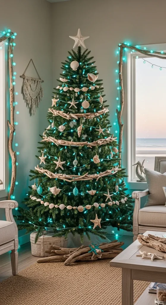 Nautical-themed Christmas tree decorated with seashells, blue ornaments, and driftwood garland for a coastal holiday vibe.