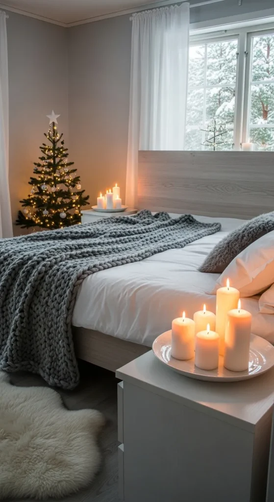 “Nordic knit Christmas bedding in gray and white tones with cozy Scandinavian decor.”