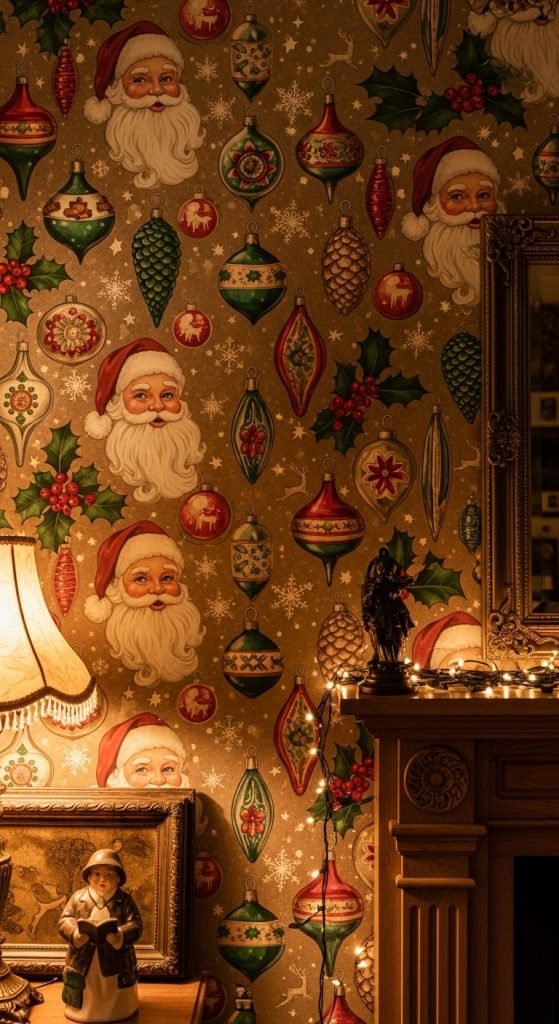 Vintage Christmas wallpaper featuring classic Santas, ornaments, and holly leaves for a nostalgic old-fashioned holiday look