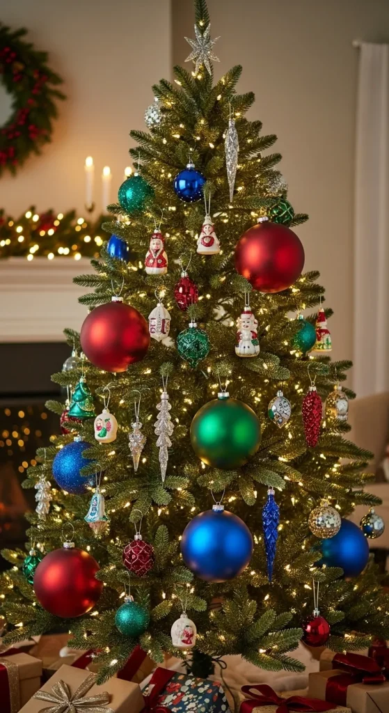 Simple christmas tree decorations technique showing layered ornament zoning, with large ornaments deep inside the branches for fullness.