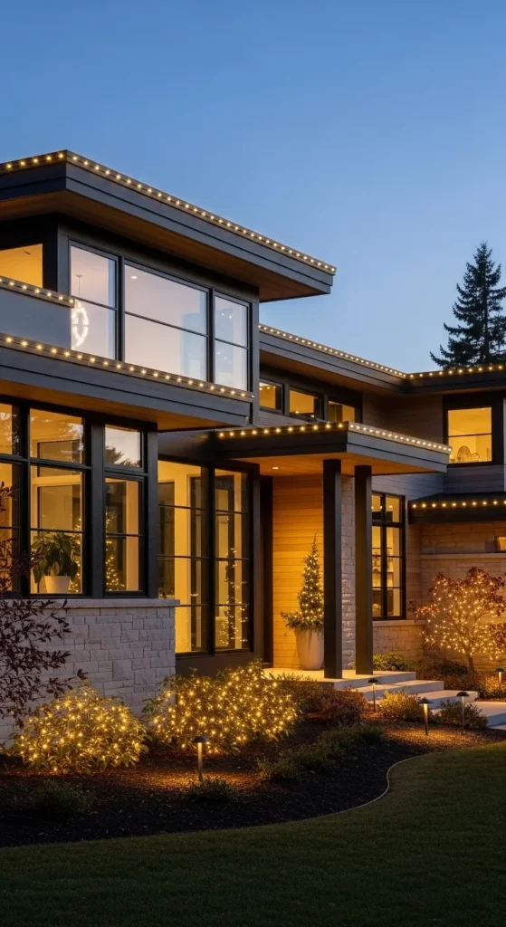 Modern outdoor Christmas lights 2025 featuring soft gold and solar LED trends.