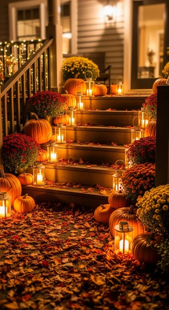 Lanterns with candles and fairy lights glowing along a porch walkway for cozy Thanksgiving outdoor décor.