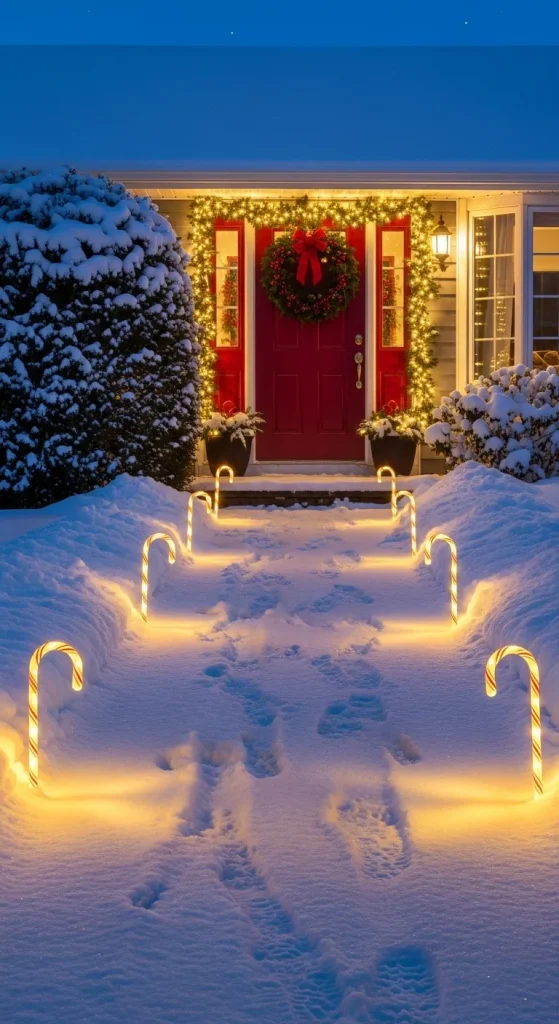 Outdoor trees wrapped in warm white Christmas lights glowing in snow.