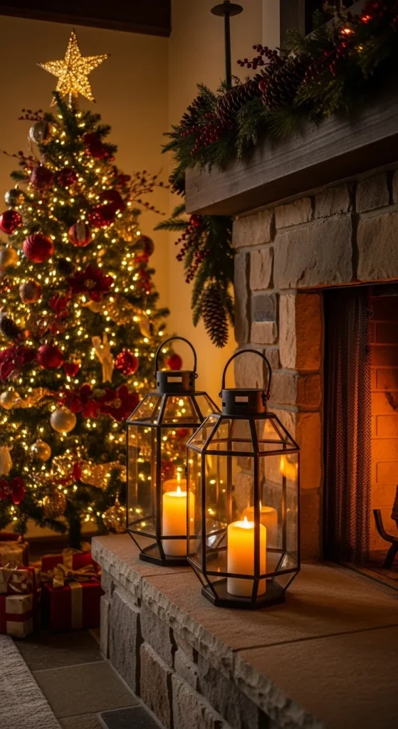 Oversized black metal barn lanterns glowing beside a festive fireplace.