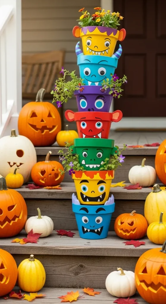 Painted ghost and monster rocks placed along an outdoor garden path for Halloween decor.