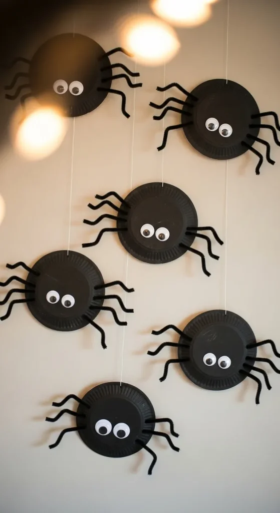 DIY paper plate spider decorations for Halloween.