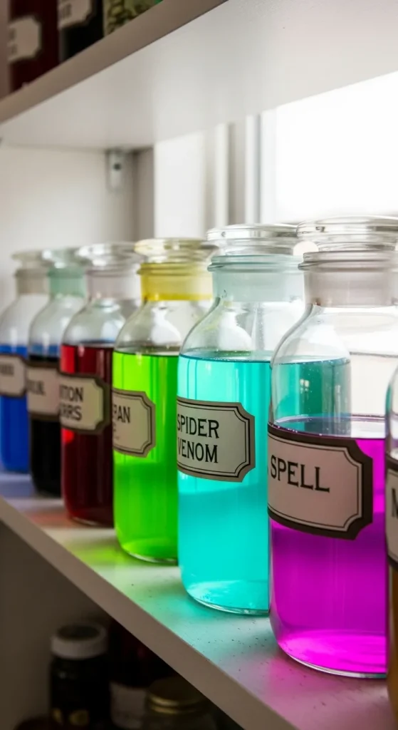 DIY Halloween potion jars labeled Witch’s Brew and Poison