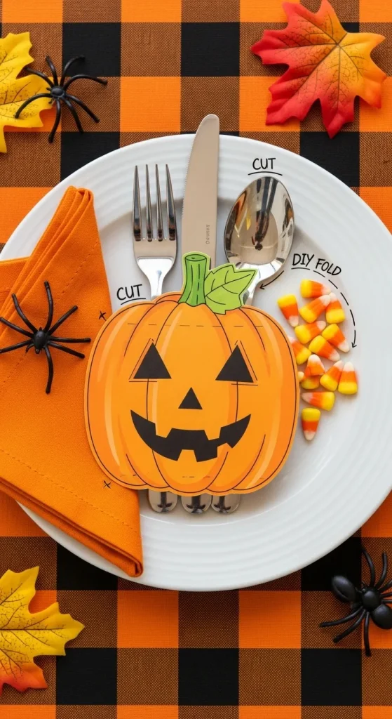 Halloween-themed cutlery holders shaped like ghosts and pumpkins made from printable templates