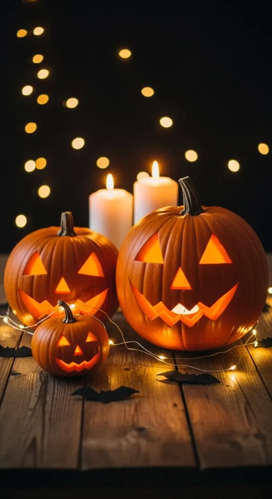 “Pumpkin centerpiece with lights and candles for Halloween party