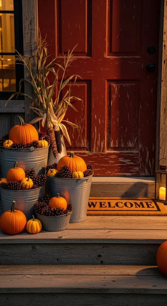 Rustic metal buckets filled with pumpkins, pinecones, and dried leaves creating a cozy Thanksgiving porch decoration.