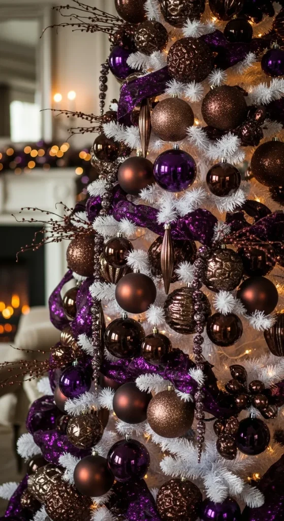 High-glamour Christmas tree decorations featuring violet and bronze ornaments against a striking white tree