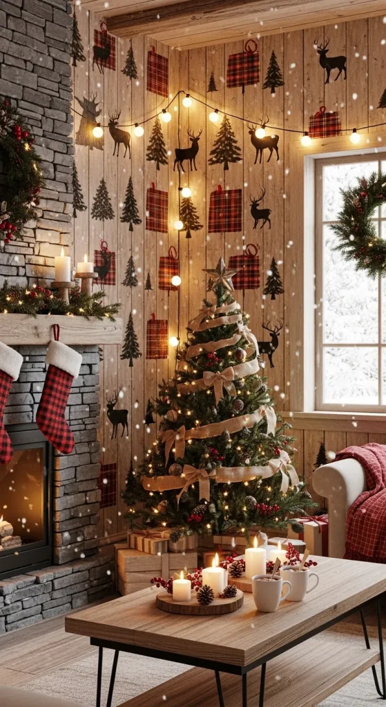 “Rustic Christmas wallpaper with wood textures, plaid patterns, and pine tree prints creating a cozy cabin holiday vibe.”
