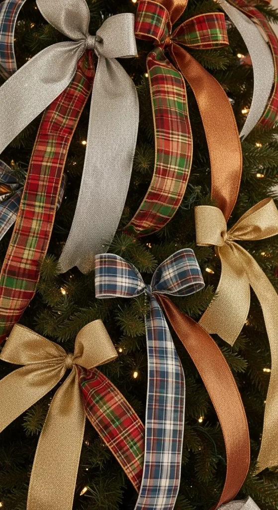 Christmas tree ribbon styling showing layered metallic and plaid ribbons for rich texture and depth.