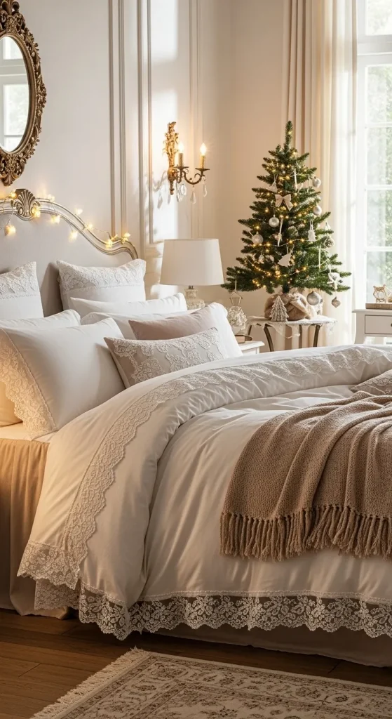 Lace and linen Christmas bedding in soft romantic tones for couples