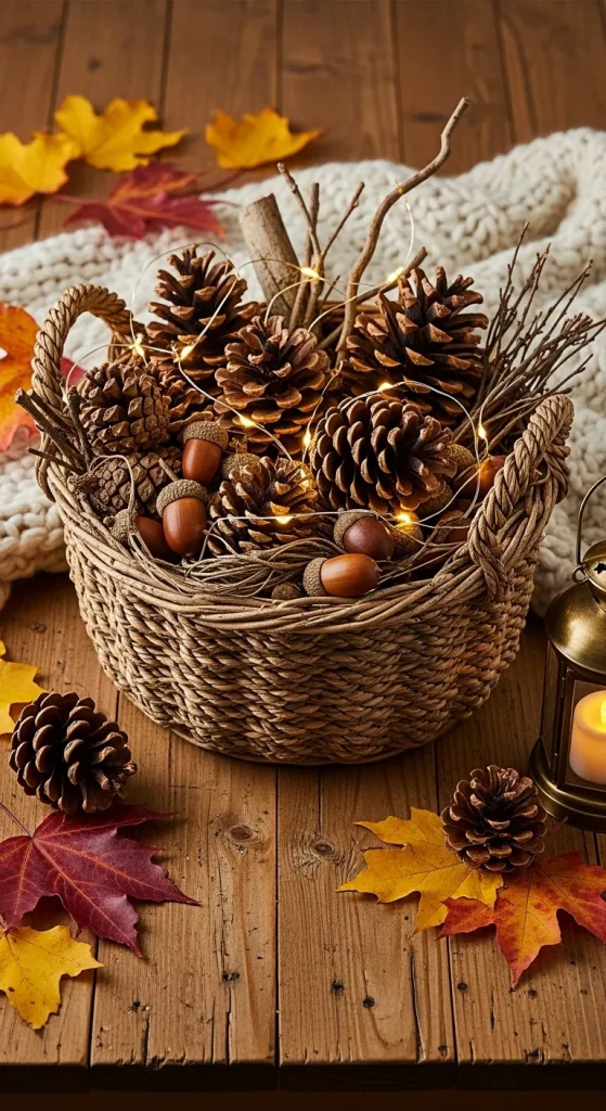 Rustic Basket of Pinecones and Acorns