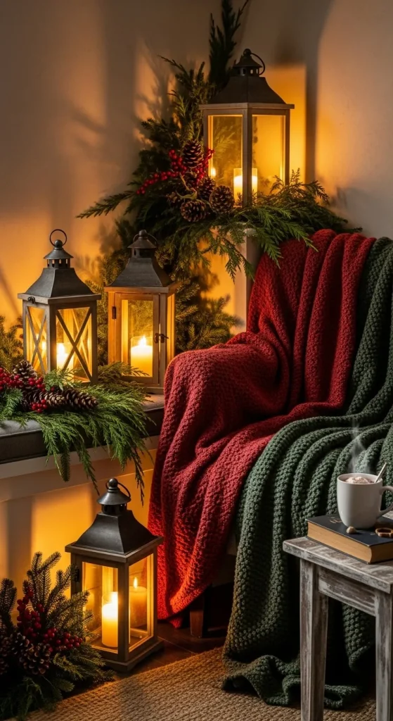 Rustic Christmas lantern display glowing warmly with pine and festive accents.