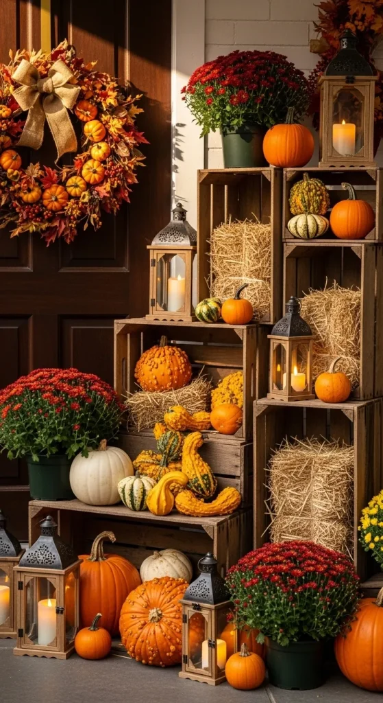 Wooden crates stacked on a front porch decorated with pumpkins, mums, and corn stalks for a festive Thanksgiving look.