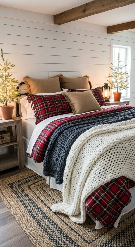 Rustic farmhouse Christmas bedding with red plaid and cozy knit blankets