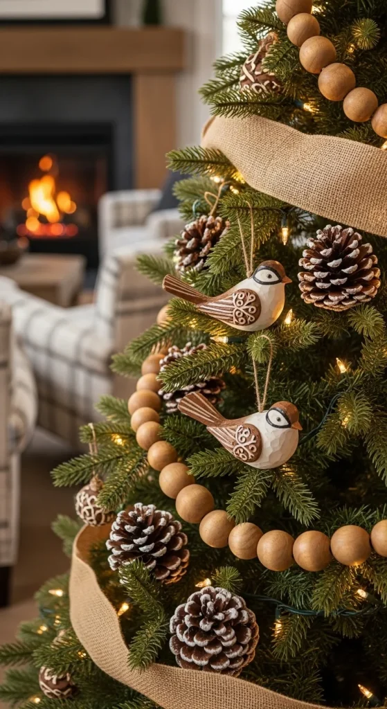 Rustic woodland cabin Christmas tree decorations with wooden bead garlands and natural pinecones