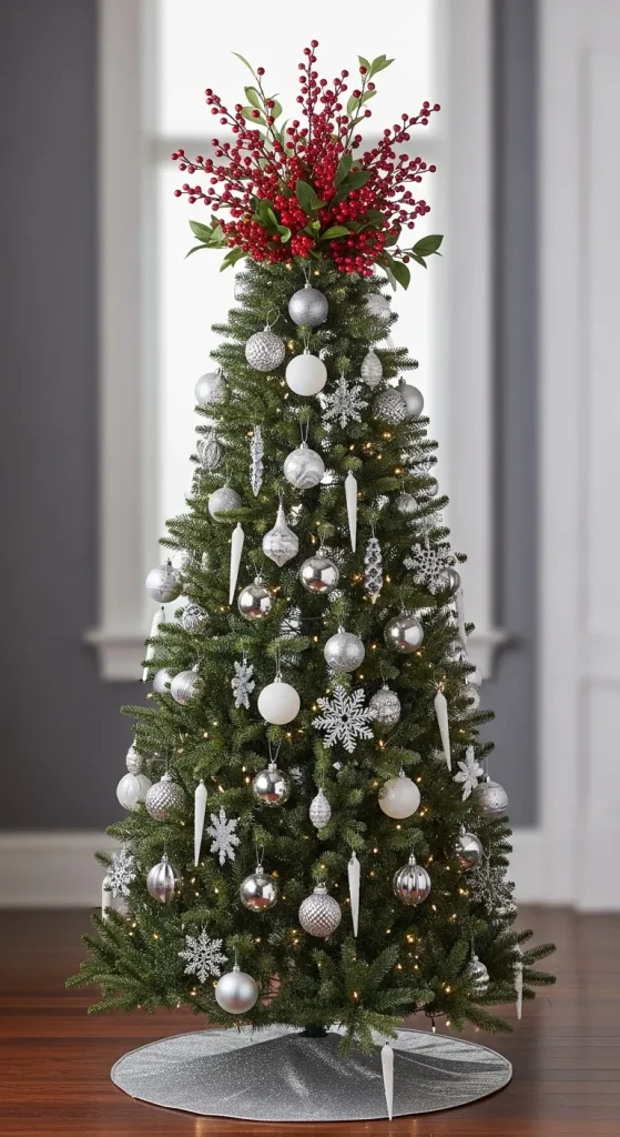 Simple Scandinavian Christmas tree decorations with silver accents and a red berry bouquet tree toppe