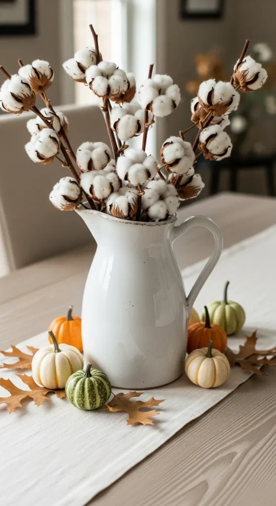 Simple White Pitcher with Cotton Stems